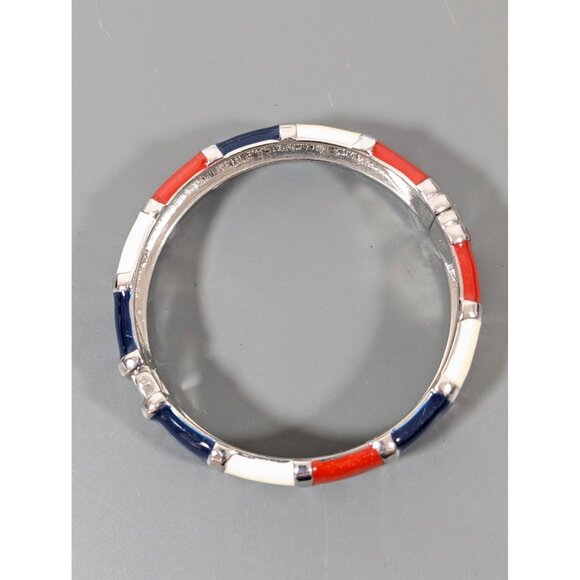 Red White Blue Enamel Stripe Hinge Bangle Bracelet 7.5" Silver Tone - Picture 3 of 7